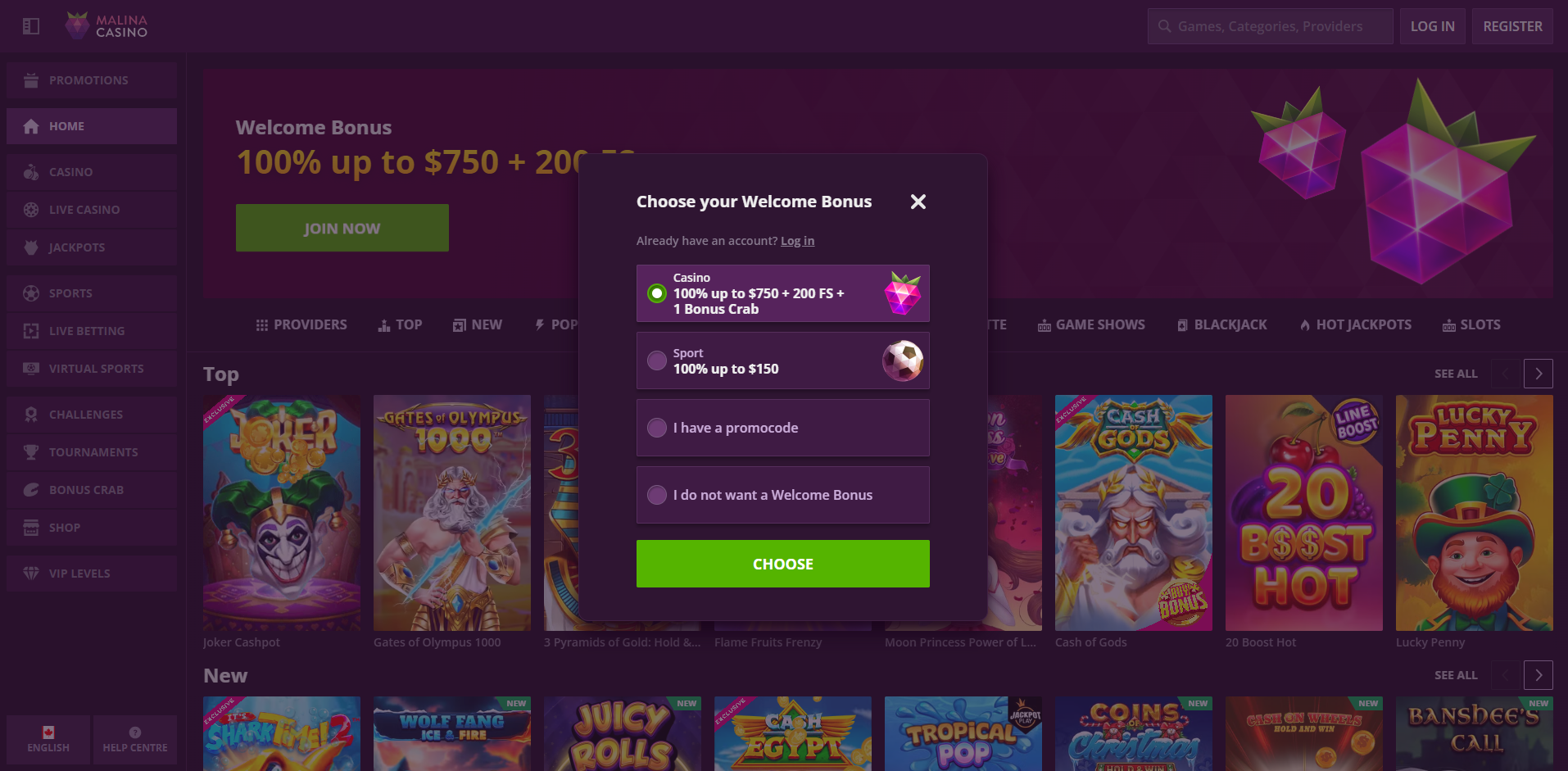 malina casino bonuses